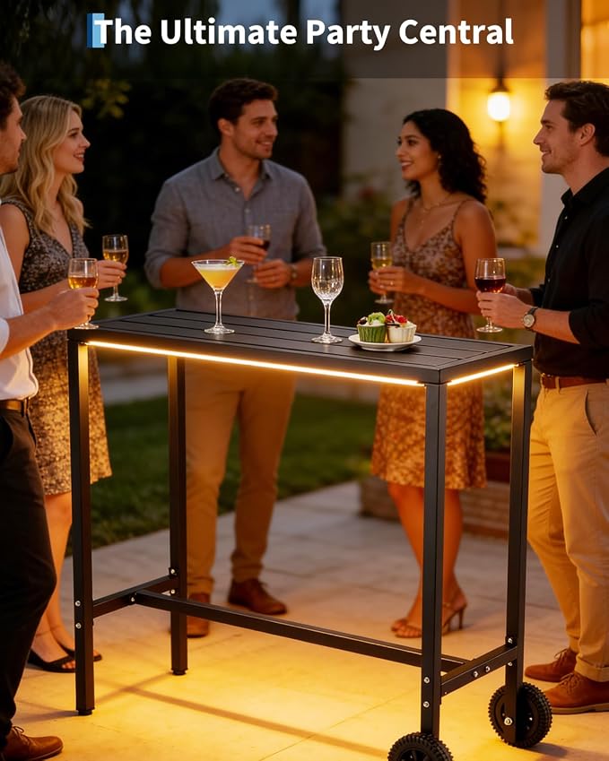 Garvee Outdoor Bar Table, 39 inch Counter Height Table with Wheels & Adjustable Leveling Feet,Bar Table for Kitchen, Home Bar, Patio, Balcony,Black