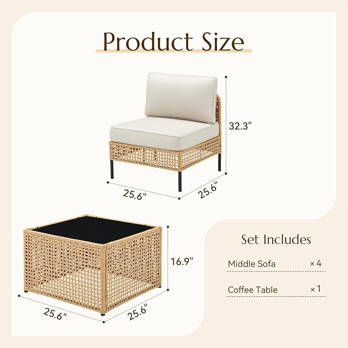 Belord Outdoor Sectional Furniture 5-Piece, All-Weather Wicker Patio Sets with Coffee Table, Modern Patio Furniture for Backyard, Deck