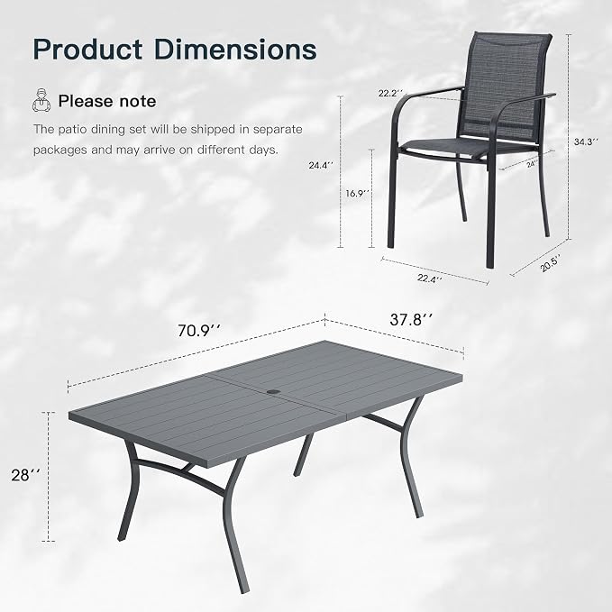 VICLLAX 9 Pieces Patio Outdoor Dining Set, 70" Outdoor Rectangular Metal Dining Table with Umbrella Hole and 8 Stackable Textilene Chairs for Lawn, Garden, Porch,Dark/Grey