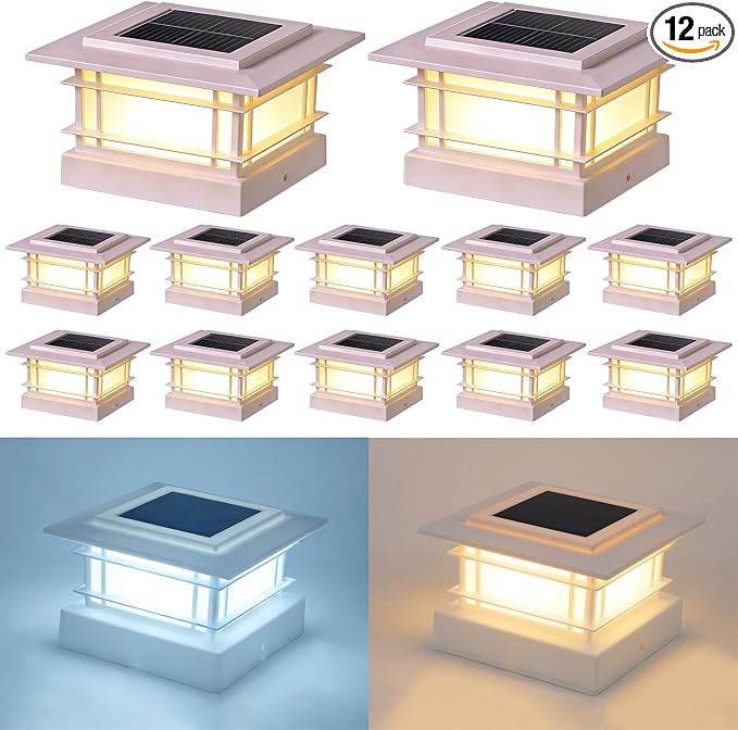 Dynaming 4x4 Solar Post Cap Lights Outdoor with 2 Color Modes, 12 Pack Fence Post Solar Lights White Shell Fit for Vinyl/Wooden Posts, High Brightness SMD LED Lighting Decor for Garden Deck Patio
