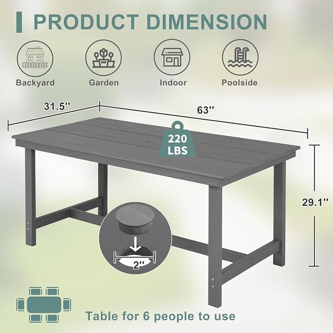 FUNBERRY Outdoor Dining Table, HDPE 6-Person Patio Table with Umbrella Hole | Wood-Grain, HDPE All Weather, No Rot or Rust or Crack, UV Fade Shield, 220LBS Weight Capacity, Easy-Clean for Outside