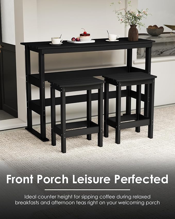 GREENVINES Outdoor-Bar-Set | HDPE Plastic | 3-Piece | 37″ Counter Height Patio Table & 2 Backless Stools | Rectangle | High Top | All Weather | for Backyard Balcony Poolside | Black