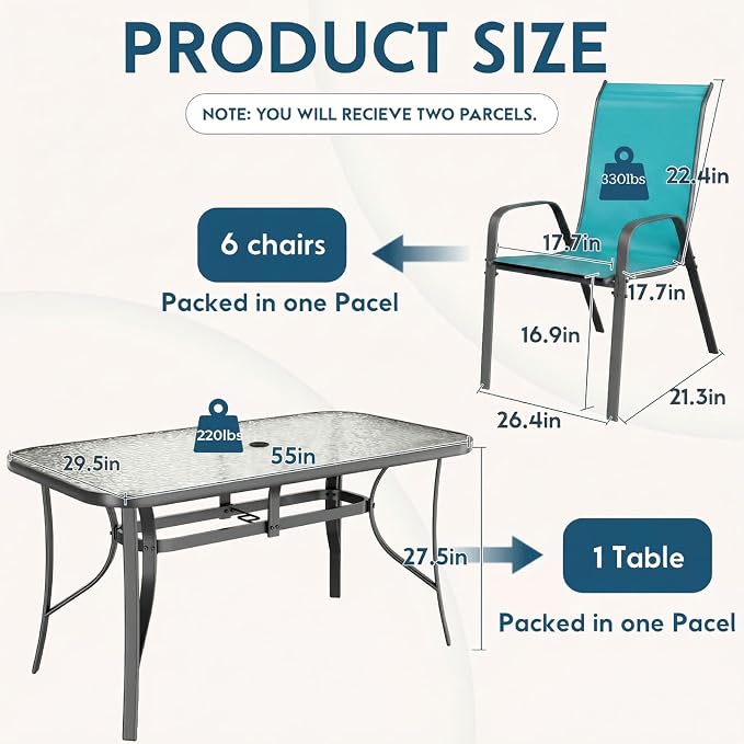 Arlopu 7-Piece Outdoor Table and Chairs for 6, Outdoor Dining Set W/Rectangle Glass Table and 6 Patio Textilene Stackable Chairs, Patio Furniture Set W/Umbrella Hole (Grey Table & Sky Blue)