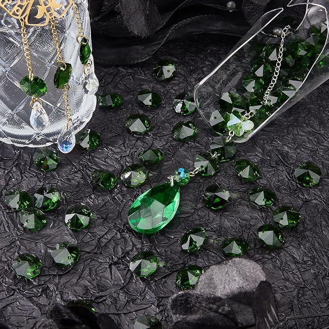 1 Box 120Pcs Glass Prism Beads Crystal Octagon Beads 2 Holes Chandelier Prisms Parts Replacement Links Ornaments Lamp Hanging Pendants for Suncatcher Home DIY Arts Crafts Decor Lime Green