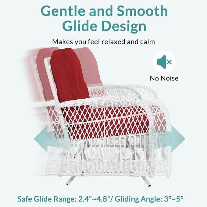 MEETWARM 4 Pieces Outdoor Wicker Patio Conversation Sets with Glider Loveseat, 2 Chairs with Coffee Table Wicker Rocking Chair Set, Patio Furniture Set with Thickened Cushions, White/Red