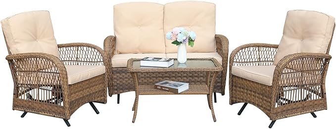 MEETWARM 4 Pieces Outdoor Wicker Patio Conversation Sets with Glider Loveseat, 2 Chairs with Glass-Top Coffee Table Rocking Glider Set, Wicker Conversation Set with Thickened Cushions