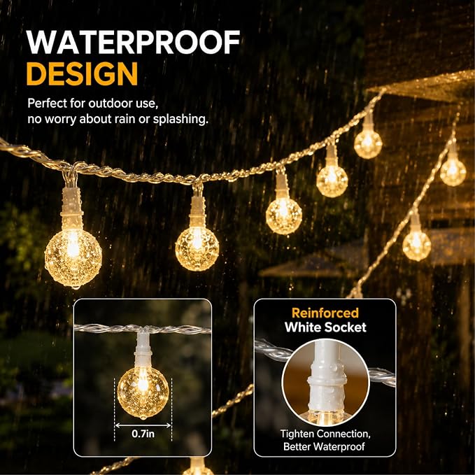 Crystal Globe String Lights 2500mAh Rechargeable Battery Operated | 16FT 50LED Outdoor Waterproof with Remote, Timer & 8 Modes, Fairy Lights for Yard Garden Patio Wedding Christmas (Warm White)