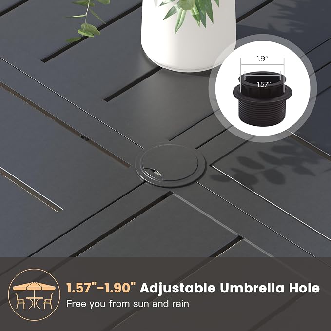 47.2" Outdoor Dining Table with Adjustable Umbrella Hole, Metal Slatted Round Patio Dining Table for Backyard Garden Deck, Black