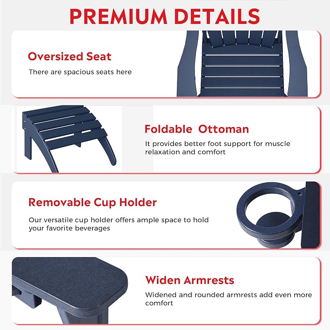 Costaelm Lakeview 3-Piece Adirondack Chair with Cup Holder and Folding Ottoman and Table Set, Navy Blue
