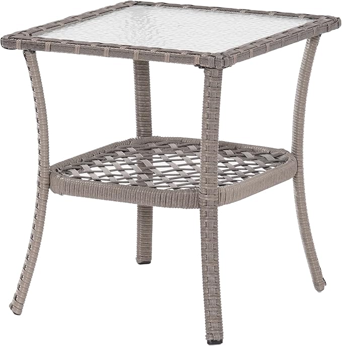 18'' Outdoor Side Table with Tempered Glass Top, Rattan Side Table with Storage, Square Wicker End Coffee Table for Patio Outside Balcony Porch Deck, Grey