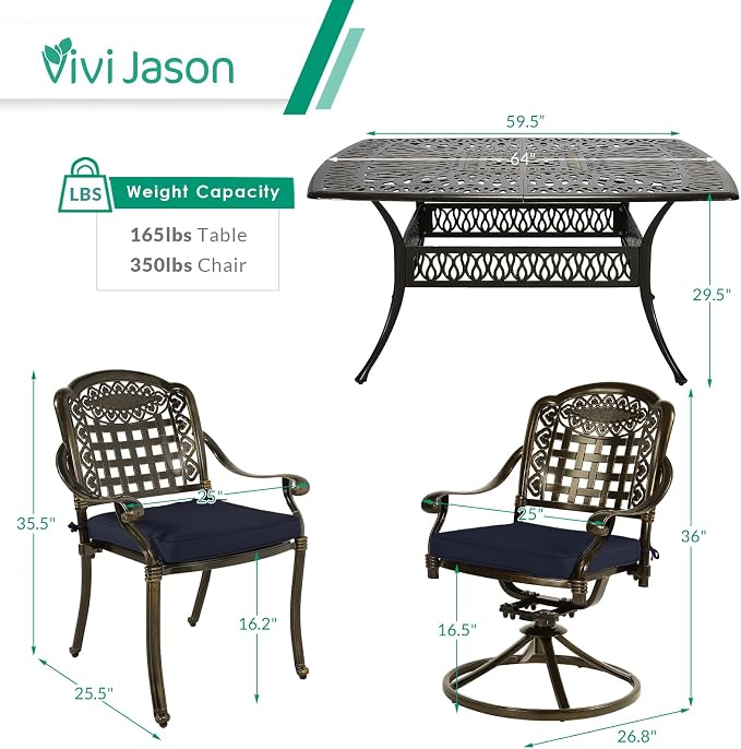 VIVIJASON 9-Piece Outdoor Dining Set, Cast Aluminum Patio Table & Chair Furniture Set for 8, Include 64" Square Dining Table, 4 Swivel Rocker Chairs, 4 Stationary Chairs, Umbrella Hole, Navy Blue