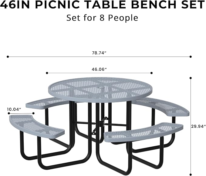 All-Weather Round Outdoor Picnic Table, Commercial Picnic Table Bench Set with Umbrella Hole, Thermoplastic Coated Metal Dining Tables for School, Stores, Park, Patio, Yard, Grey