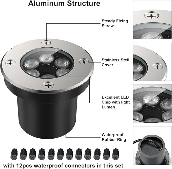 JESLED Outdoor Landscape Lights, Low Voltage In Ground Well Lights, 6 Pack | 6000K Warm White, 6W LED, 12V/24V, IP67 Waterproof, 5-Ton Pressure Resistant & 90° Beam for Driveway Decks Step Garden