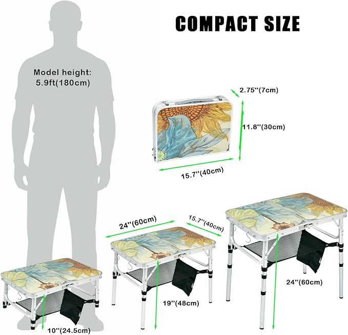 Small Folding Camping Table, 2ft Portable Picnic Table Aluminum 24" x 16", 3 Adjustable Heights Lightweight Dining Table for RV, Picnic, Beach (Sunflower)