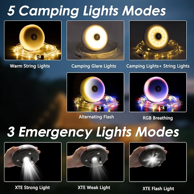 2 Pack Camping String Lights 4 in 1, 8 Modes Rechargeable Fairy Tent Lights | 30s Quick Storage, 32.8FT RGB Retractable Lights, Camping Essential Gear, Waterproof Hanging LED Lantern, Outdoor Party Decor