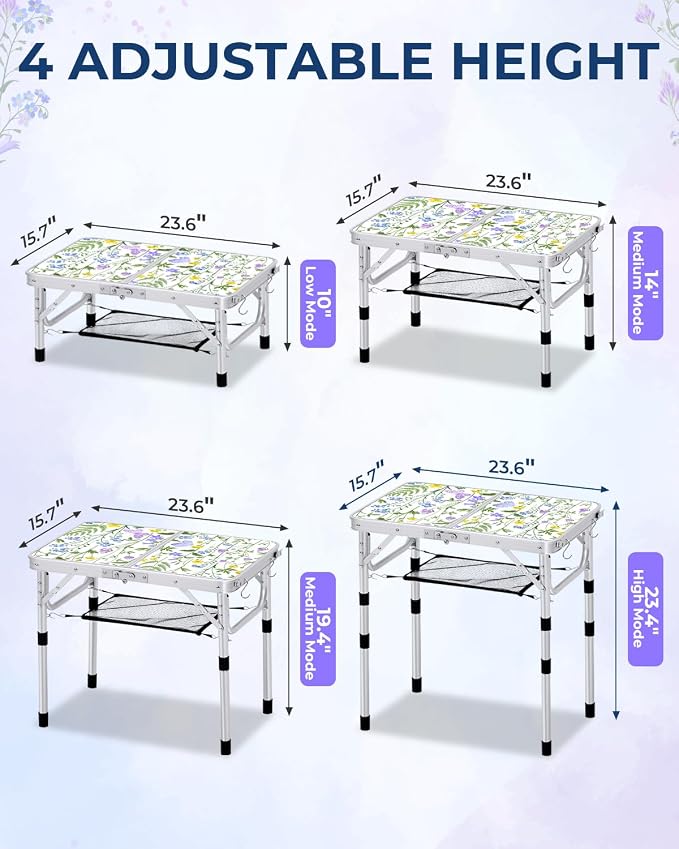 Sportneer Camping Table:Small Folding Table Portable Table 23.6" L X 15.7" W 4 Height with Mesh Layer- Adjustable Height Outdoor Table for Hiking Travel Picnic BBQ Cooking