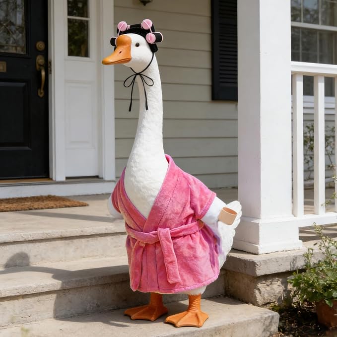 Old Lady Porch Goose Outfits Grandma Goose Clothes Glasses Curly Wig Floral Print Dress Cardign and Pearl Necklace,23'' Geese Statue Outdoor Patio Yard Lawn Decoration (Pink B)