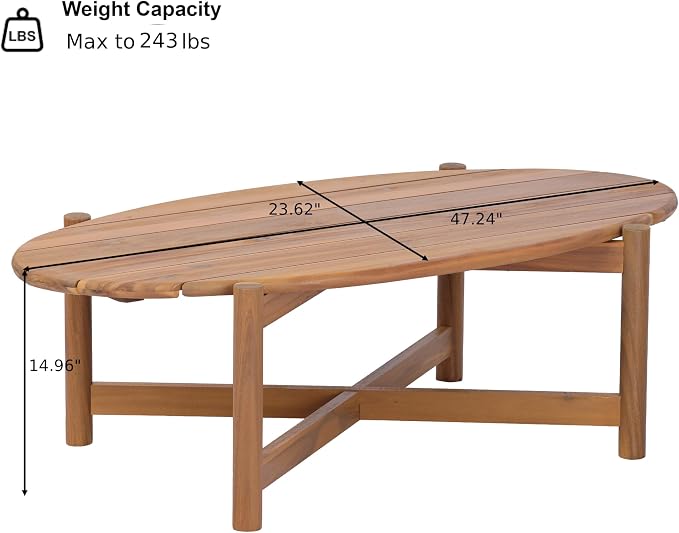 Christopher Knight Home Bubi Patio Acacia Wood Coffee Table, Solid Wood Outdoor Table for Patio Furniture Set, Slat Panel Oval Top, Teak