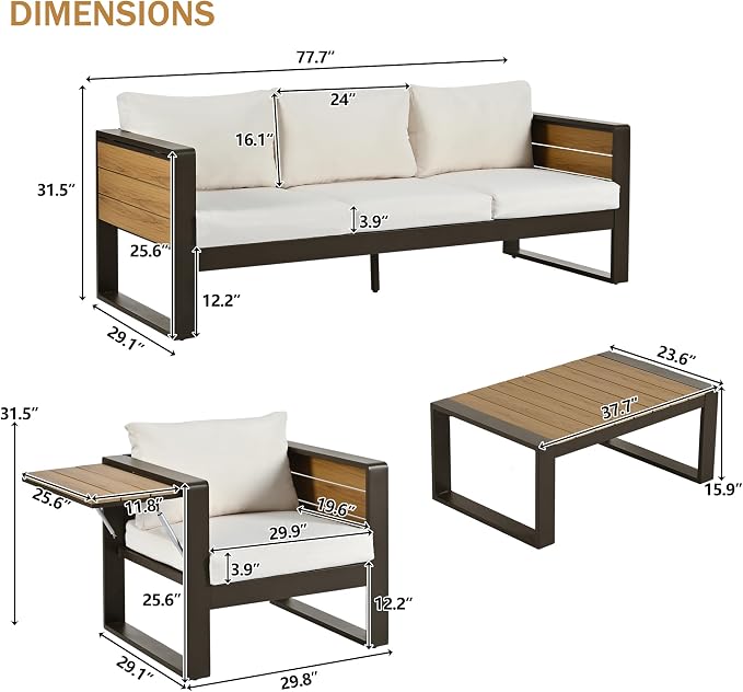 4-Piece Patio Conversation Set, Aluminum Frame Outdoor Patio Furniture Set w/ 3-Seater Sofa, 2 Armchairs with Fold-Out Side Tables, Coffee Table, All-Weather Sectional Sofa Set for Garden Backyard