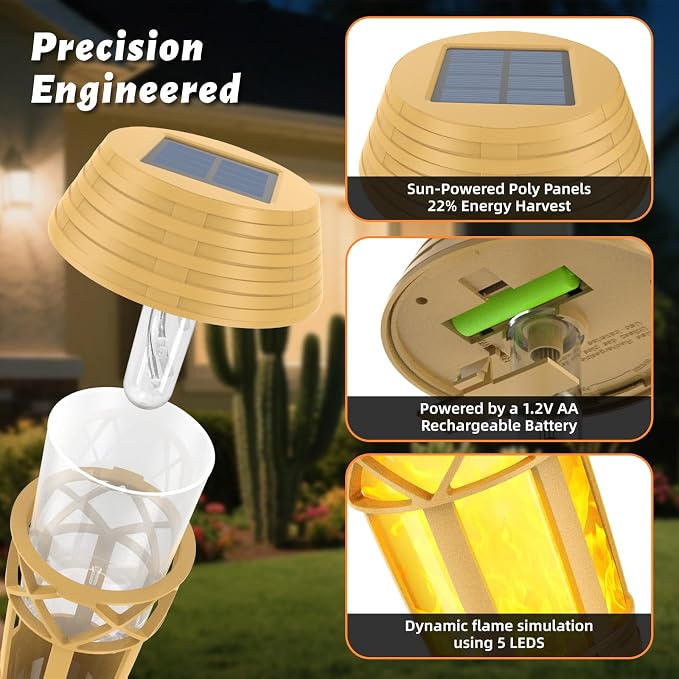 Solar Outdoor Lights – Torches with Flickering Flame for Garden Decor, Waterproof Garden, Outdoor Patio & Pathway Yard Decorations with Flame Torches - 2 Pack