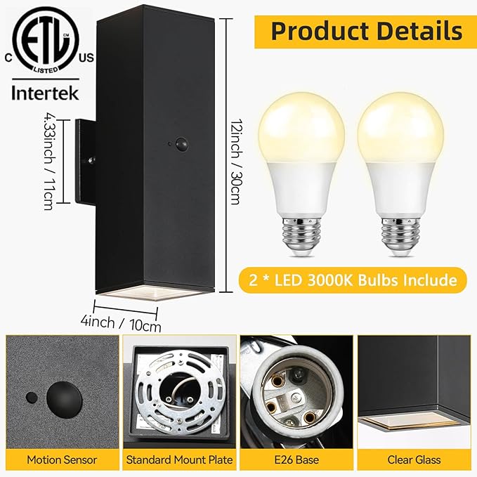 SHIMR Motion Sensor Outdoor Wall Lights, Up and Down Sconce, ETL Listed | Dusk to Dawn Outdoor Lighting, Black Waterproof Aluminum Exterior Light Fixture for Porch Garage Patio, LED Bulbs Included