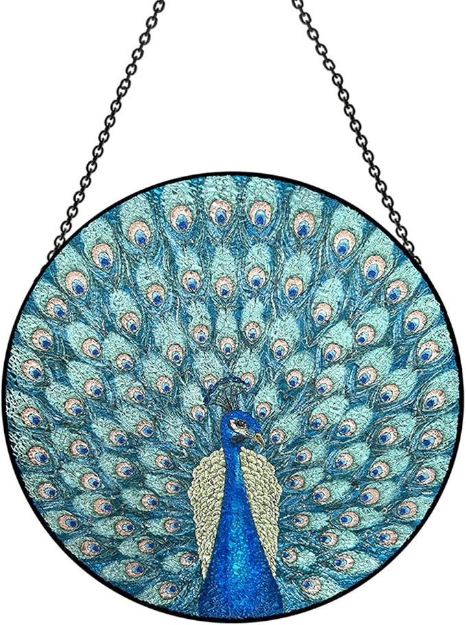 Hanging Stained Glass for Windows,20cm/7.87inch Peacock Hand-Painted Sun Catcher Garden Hangings Christmas Mother's Day, Valentine's Day Ornaments Festival Gift (Style A)