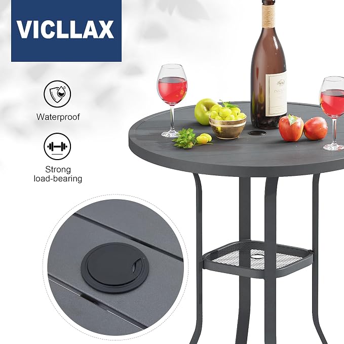 VICLLAX Outdoor Bar Table, 35.4" Wide Round Patio Bar-Height Table Weather Resistant Metal Slatted Tabletop with Umbrella Hole for Front Porch Deck, Backyard, Dark Grey
