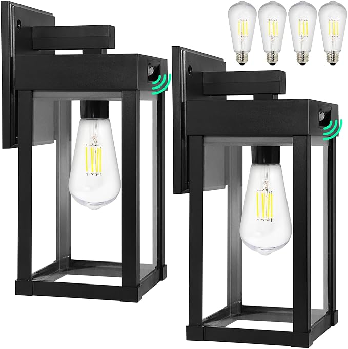 Solar Wall Lights Outdoor, Solar Sconce Lantern with 3 Lighting Modes | Motion Sensor, Porch Light Fixture Outside Waterproof with Clear Panel for Garage Yard Front Door Shed (2 Pack)