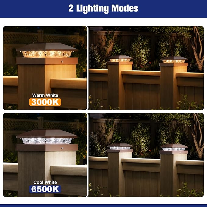 APONUO Solar Post Cap Lights for 4x4 Posts - IP64 Waterproof, Warm/Cool White, Wireless Fence Lights & Deck Lights for Patios, Gardens, and Yards, Brown,8 Pack