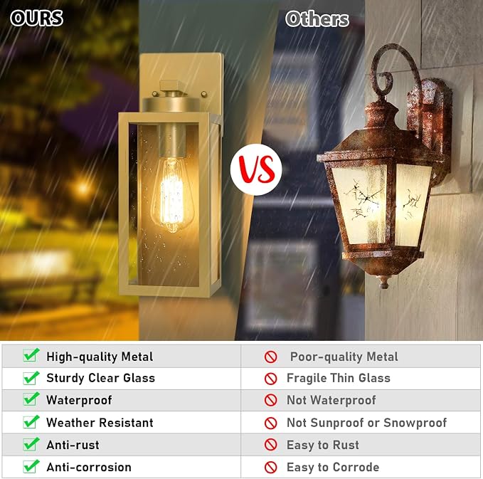 BesLowe Outdoor Wall Light Fixtures, Gold Exterior Wall Lanterns | Waterproof Metal Construction, Rust-resistant, Quick & Easy Installation, Clear Glass Shades & Standard E26 Socket