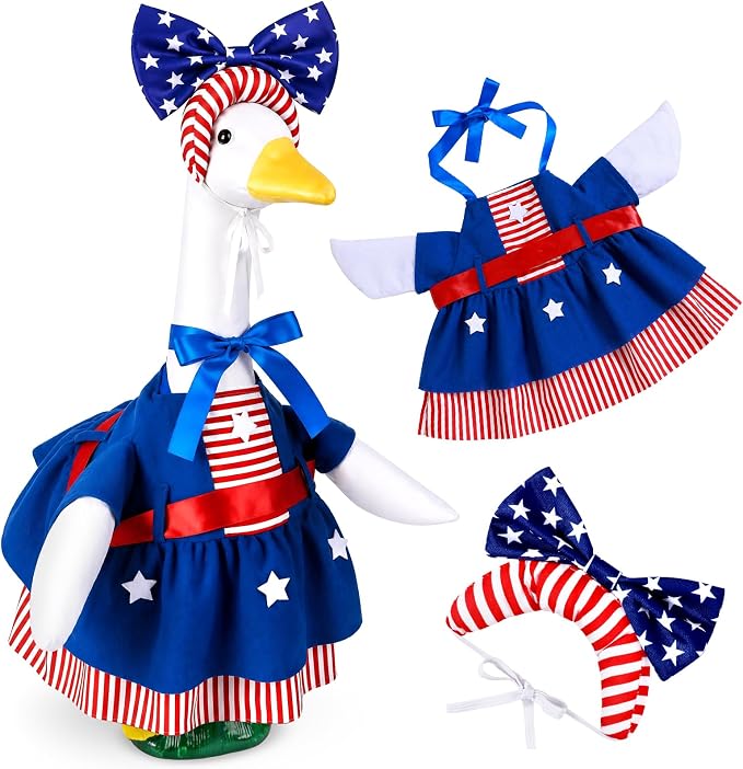 Patriotic Porch Goose Outfit 23 Inch - American Flag Goose Clothes for Lawn Statue, Red White Blue Costume for Memorial Day Veterans Day Decor, Outdoor Garden Patio Yard Decoration