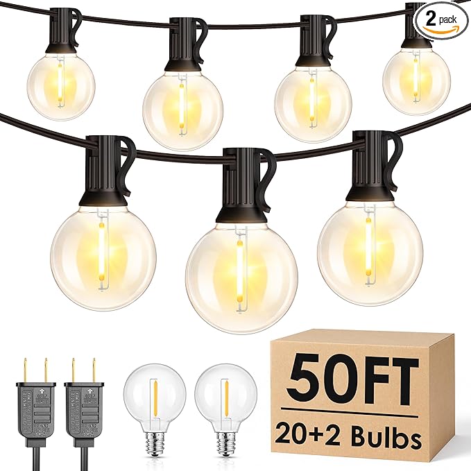 2 Pack 25FT G40 LED Outdoor String Lights with 10+1 Bulbs, Black | Waterproof, Shatterproof, Dimmable, Connectable, Energy-saving, Patio Lights Porch Balcony Backyard Party Classroom Decor