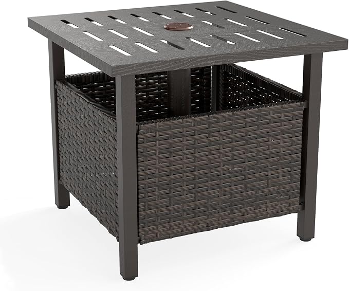 Outdoor Side Table with Umbrella Hole, Umbrella Table with Zinc-Iron Alloy Tabletop & Sturdy Galvanized Iron Frame, 22" Wicker End Table for Patio, Garden, Porch, Poolside(Mix Brown)