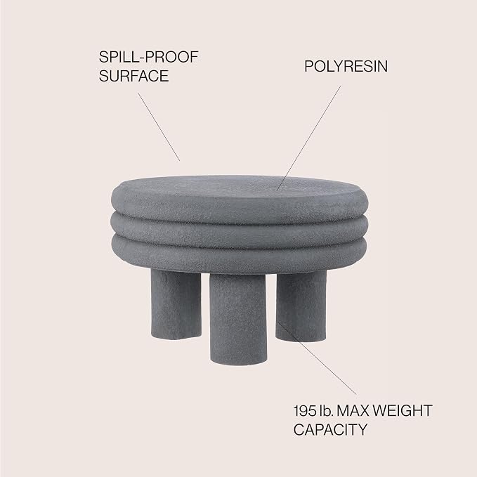 JONATHAN Y Rashida 13.5" Gray Frosted Modern Round Polyresin Indoor Outdoor Accent Coffee Table, Weather Resistant Low Table with Chunky Ribbed Stacked Ring Design and Tripod Pillar Base TBL1105C