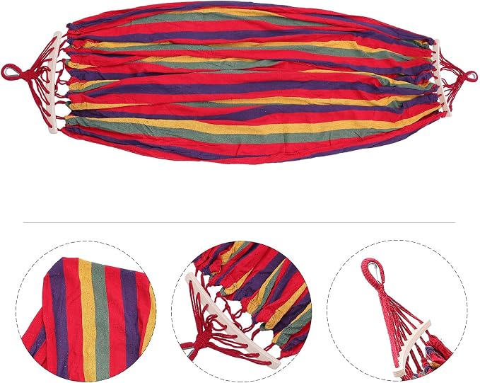Holibanna Outdoor Canvas Hammock Swing with Curved Rod, Striped Portable Single Camping Hammock 190x150cm with Hanging Rope and Storage Bag for Travel and Garden Use