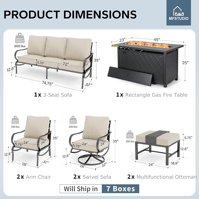 MFSTUDIO Patio Furniture Sets with 45" Gas Fire Pit Table, 8 Pieces Outdoor Metal Conversation Sets with 1 x 3-Seat Sofa, 2 Single Chairs, 2 Swivel Chairs and 2 Ottomans, Beige Cushion