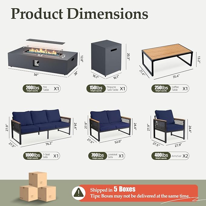 UPHA 7 Pieces Patio Furniture Set with 56" Propane Gas Fire Pit Table, Metal Outdoor Sectional Couch Set with Loveseat & 3-Seat Sofa, Modern Patio Conversation Set for Porch Balcony Deck, Navy Blue