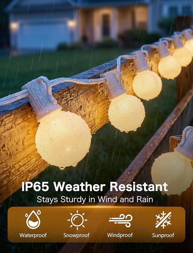 SUNSGNE 25FT G40 LED Outdoor White String Lights with 27 White Solid Shatterproof Globe Bulbs (2 Spare), Outdoor Hanging Edison Lights for Room Café Bistro Pergola Tents, White Wire