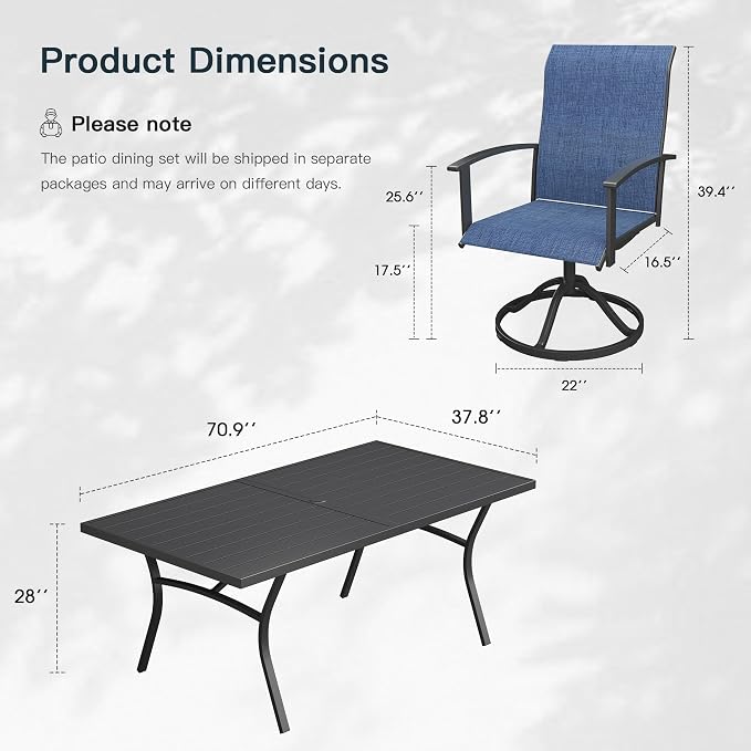 VICLLAX 9 Pieces Patio Outdoor Dining Set, 8 Swivel Textilene Chairs and 70" Rectangular Metal Table with Umbrella Hole for Porch, Deck, Garden, Black/Dark Blue