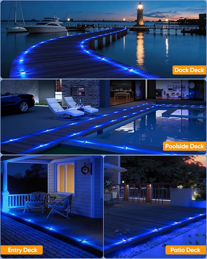 DetarZinLED Blue Solar Dock Lights for Outside IP68 Waterproof Led 12 Pack | Sturdy PC Shell, Stick on & Screw Mount, Markers Light for Outdoor Deck, Driveway, Step, Walkway, Path, Sidewalk, Patio, pool