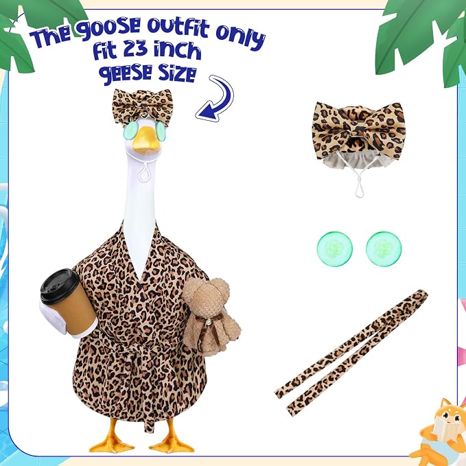 Celltestria Lady Goose Outfits for 23" Geese Bathrobe Brown Leopard Porch Goose Costume Coffee Cup Bear Cucumber Eye Mask Goose Clothes for Outdoor Patio Yard Lawn Garden Decoration