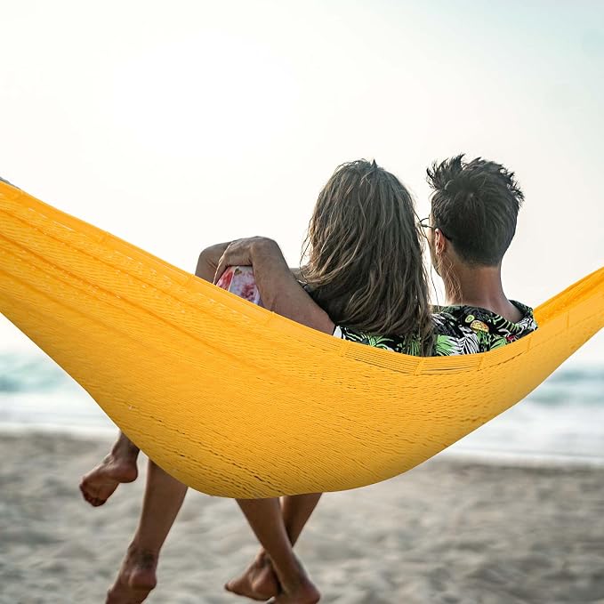 Lazy Daze Hammocks Handwoven XL Mayan Hammock, 10.5 FT Soft Rope Double Hammocks, Portable Outdoor Hammock with Carry Bag, 2 Straps & Carabiners for Patio Outside, 550 lbs Weight Capacity, Yellow