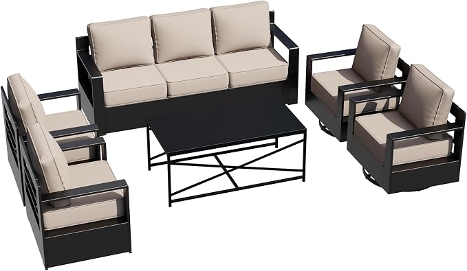 Outdoor Aluminum Furniture Set, 6-Piece Patio Conversation Set, 2 Swivel Chairs, 2 Chairs,1 Sofa and 1 Table, All-Weather Metal Frame, 6" Thick Removable Cushions, Deep Setting for Garden, Porch