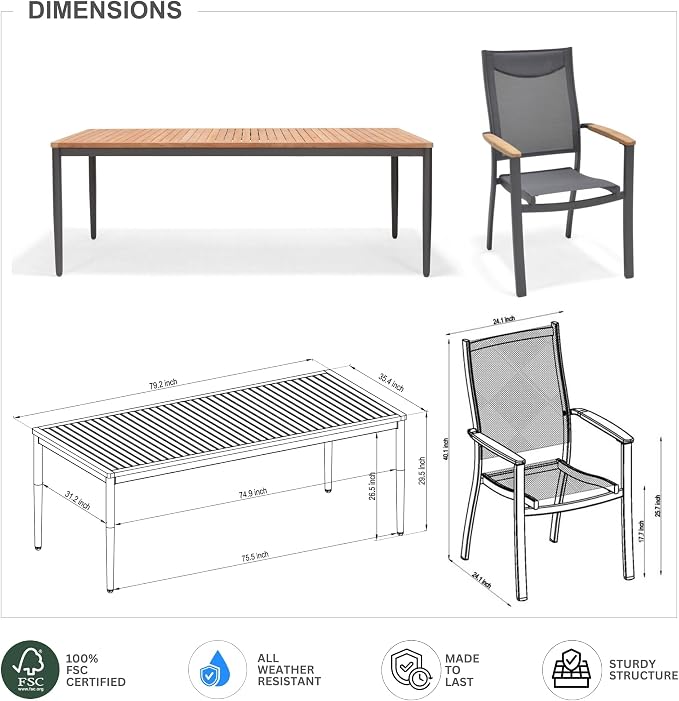 Urban Elements Vis 7-Piece Rectangular Patio Dining Set for 6 | Certified Teak & Aluminum | Ideal for Outdoors