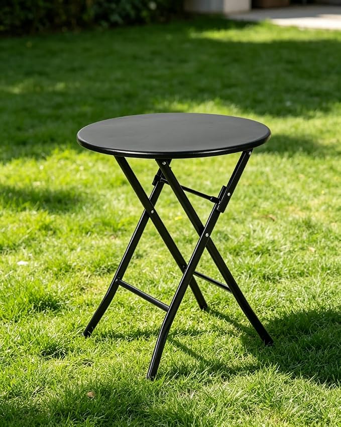 Round Foldable Table,Small Outdoor Patio Coffee Table with Alloy Steel Frame for Balcony, Garden, Patio and Indoor Use (Black)