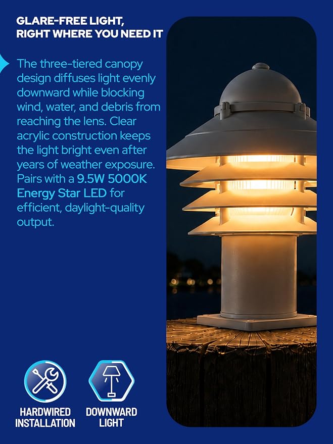 Nautical Pier Mount Outdoor Lighting - Salt-Air Tough Rust-Proof Non-Metallic Coastal Lamps - UL Listed Dock Lights - Patio Fence Deck Porch Lights Outdoor - USA Made, Short, Basic, White