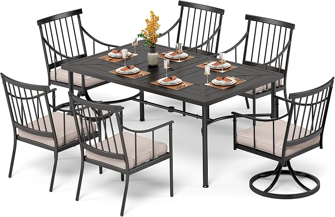 PHI VILLA Patio Dining Set, Swivel Chairs, 64" Steel Table | Metal chairs, Fixed & Swivel Chair, 1.57" umbrella hole, 360° swivel, Cushions, 300 lb chair capacity