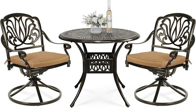 VIVIJASON 3-Piece Patio Furniture Dining Set, Outdoor All-Weather Cast Aluminum Bistro Set, Include 2 Swivel Chairs and 35.4" Round Table w/Umbrella Hole for Balcony, Lawn, Garden, Antique Bronze