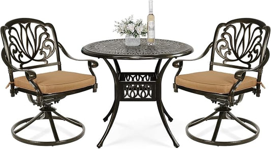 VIVIJASON 3-Piece Patio Furniture Dining Set, Outdoor All-Weather Cast Aluminum Bistro Set, Include 2 Swivel Chairs and 35.4" Round Table w/Umbrella Hole for Balcony, Lawn, Garden, Antique Bronze