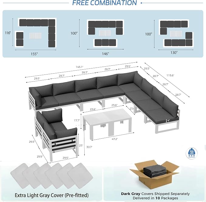NICESOUL 12 Piece Oversized Modular Aluminum Outdoor Furniture Set with Side Table, 29" Deep and Wide Sectional Seating, 500 lbs High Weight Capacity Patio Conversation Set for Poolside, Dark Gray